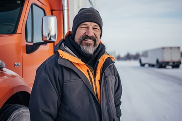 Smiling portrait of a happy middle aged caucasian male truck driver working for a trucking company