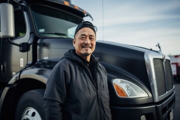 Smiling portrait of a happy middle aged asian american male truck driver working for a trucking company
