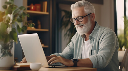 An Senior man working with a laptop computer in the living room at the table. grandfather wearing glasses using laptop Old man in casual clothes working online at home.