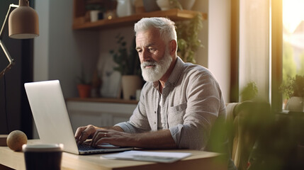 An Senior man working with a laptop computer in the living room at the table. grandfather wearing glasses using laptop Old man in casual clothes working online at home.