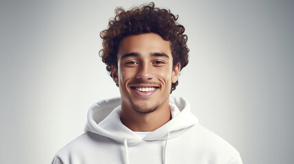 Fototapeta premium A Happy young man holding blank white banner sign, closeup isolated studio portrait natural tone