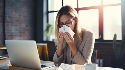A Young woman with the flu, blowing her nose using a tissue, managing symptoms and seeking relief from discomfort during cold or allergy season