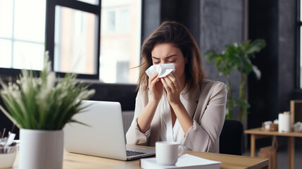 A Young woman with the flu, blowing her nose using a tissue, managing symptoms and seeking relief from discomfort during cold or allergy season - obrazy, fototapety, plakaty