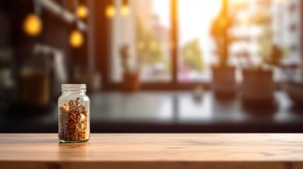 Wooden table on blurred kitchen bench background, Empty beautiful wood table top counter and blur bokeh modern kitchen interior background in clean and bright