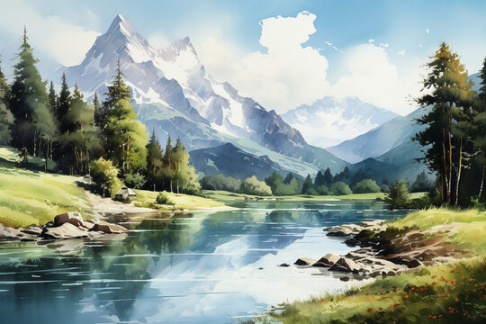 Beautiful mountain landscape with river and high mountains. Digital painting.