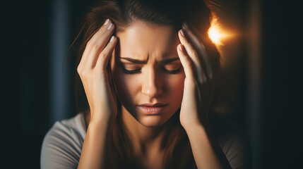 A real photo of woman with headache, hand rubbing temples