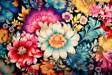 Seamless floral pattern with dahlias in retro style.