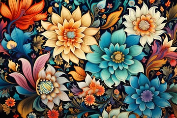 Fotobehang Seamless floral pattern with dahlias in retro style. © Creative