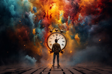 Time is running out concept with a young man standing in front of an old clock