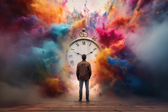 Time is running out concept with a young man standing in front of an old clock