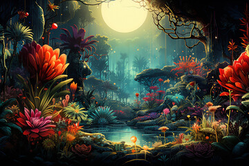 Fototapeta na wymiar Fantasy landscape with mushrooms in the forest. 3D illustration.