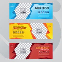 Set of Blue with yellow and red Web banners templates, Coverpage Standard sizes with space. Vector illustration