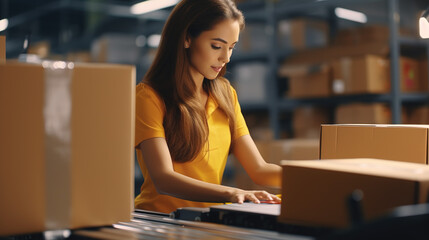 A Young female employee checking cardboard boxes on conveyor belt, storage, delivery and packaging service, distribution warehouse.