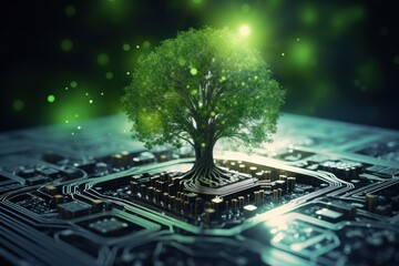 The concept of integrating AI technology for sustainability and greener Earth. Ecological, environment, conservation, futuristic, eco-conscious, global, advancement, green initiatives, smart solutions