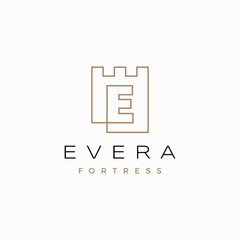 E Letter Castle Fortress Logo Outline Vector Icon Illustration