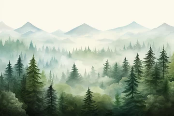 Papier Peint photo Kaki Foggy mountain landscape with pine trees and birds. Digital painting