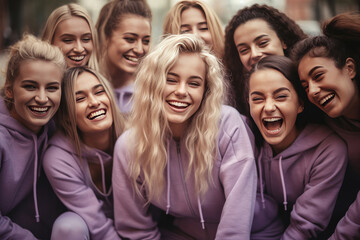 Group of young women laughing happily, dressed in sportswear. Sports, fitness and friendship. Generative Ai