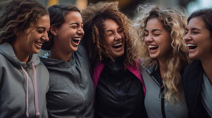 Obraz premium Group of young women laughing happily, dressed in sportswear. Sports, fitness and friendship. Generative Ai