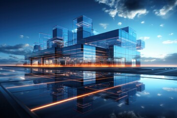Blue Building Modern Perspective for Innovation and Technology Business Background. Generative AI.