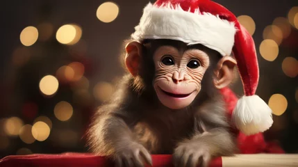 Poster a photograph of cute monkey wearing santa clause costume and hat for christmas celebration generative ai © Leaf