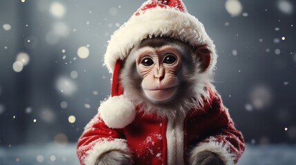 a photograph of cute monkey wearing santa clause costume and hat for christmas celebration generative ai