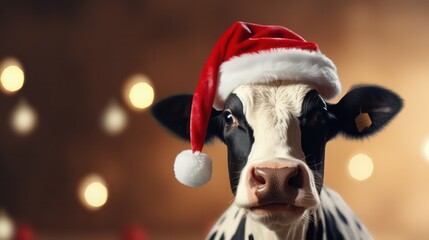 a photograph of cow wearing santa clause costume and hat for christmas celebration generative ai