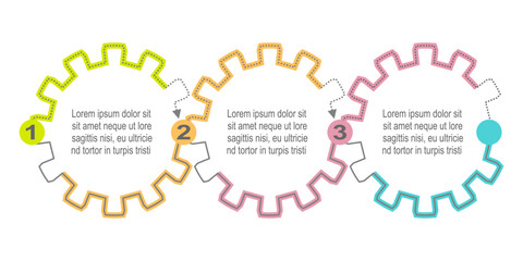 Business infographic process template design with gear icons and 3 options or steps.