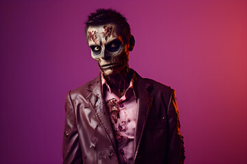 studio portrait of zombie man wearing leather jacket
