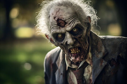 portrait of zombie old senior man in woods