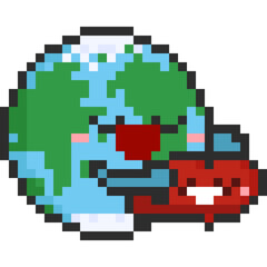Obraz premium Pixel art cartoon earth character hug the red heart character