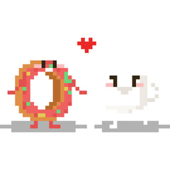 Pixel art donut and coffee cup character