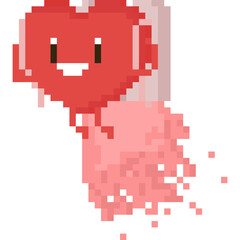Pixel art heart character flying by jetpack