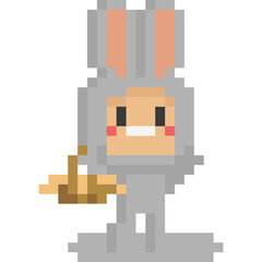 Pixel art kid in rabbit mascot suit with basket 2