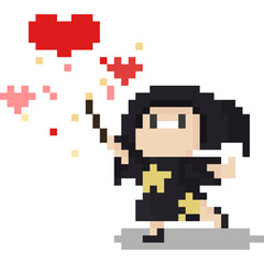 Pixel art little cute witch character doing love magic
