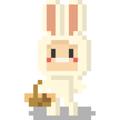 Pixel art kid in rabbit mascot suit with basket