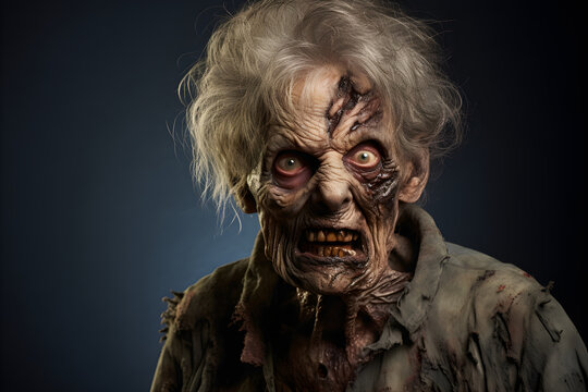 studio portrait of zombie old senior woman