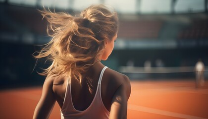 Rear view of a young female tennis player on the court