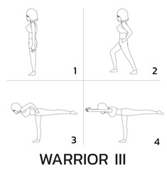 Warrior III Yoga Manga Tutorial How Cartoon Vector Illustration Black and White
