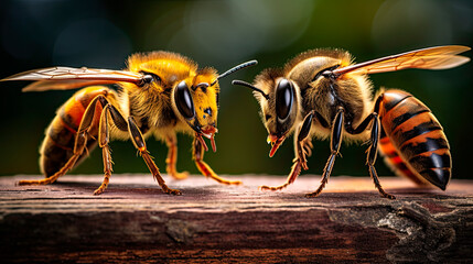 Macro of two bees on a piece of wood