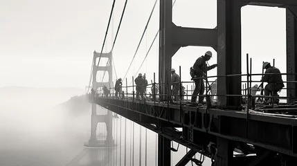 Fotobehang Golden Gate Bridge Workers on the Golden Gate Bridge during its construction