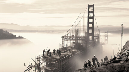 Construction workers on Golden Gate Bridge in San Francisco 