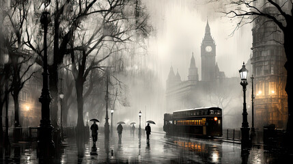 A double decker bus in London, England on a foggy day