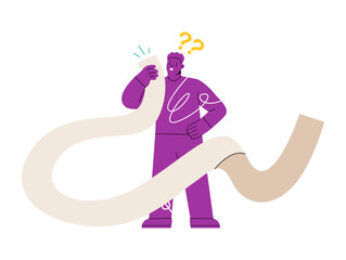 Man with expired bill in hands. Big expenses and financial problem concept. Vector illustration