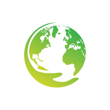 Logo of hand holding earth globe, ecology and sustainability concept. vector illustration in modern flat style design.