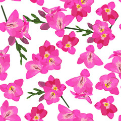 A seamless pattern of Freesia flower. vector illustration. Freesia flower background. - obrazy, fototapety, plakaty