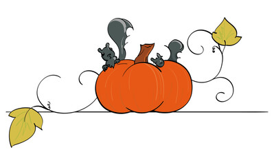 Illustration of squirrels on a pumpkin