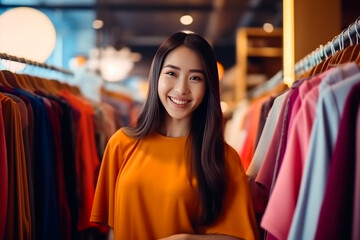 Fototapeta premium Portrait of a beautiful young asian woman in orange dress looking at camera and smiling while standing in clothing store