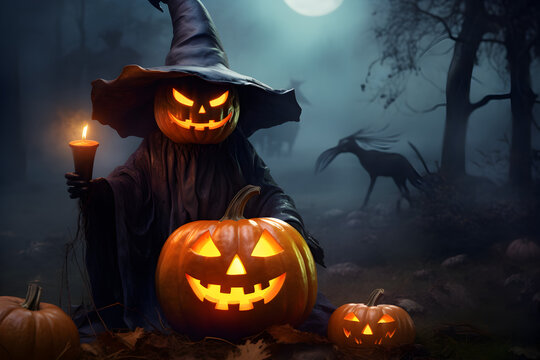 Happy Halloween and Scary Night pumkin background. AI Generative