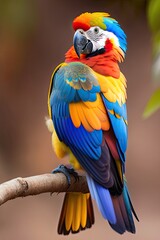 Colorful macaw parrot bird perched on a tree branch. Generative AI.