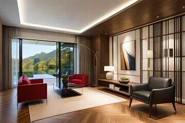 Fototapeta premium Craft an elegant Asian Contemporary interior, blending minimalist aesthetics with rich cultural influences